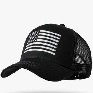 Patriotic Black Trucker Hat with Flag Design